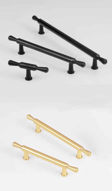 Möbelgriff Grava – T-Bar-Griff in Mattschwarz oder glänzendem Gold, erhältlich als Knopf sowie in 96, 128 und 192 mm. Ideal für Küchenschränke, Kommoden und Garderoben – egriffe.at