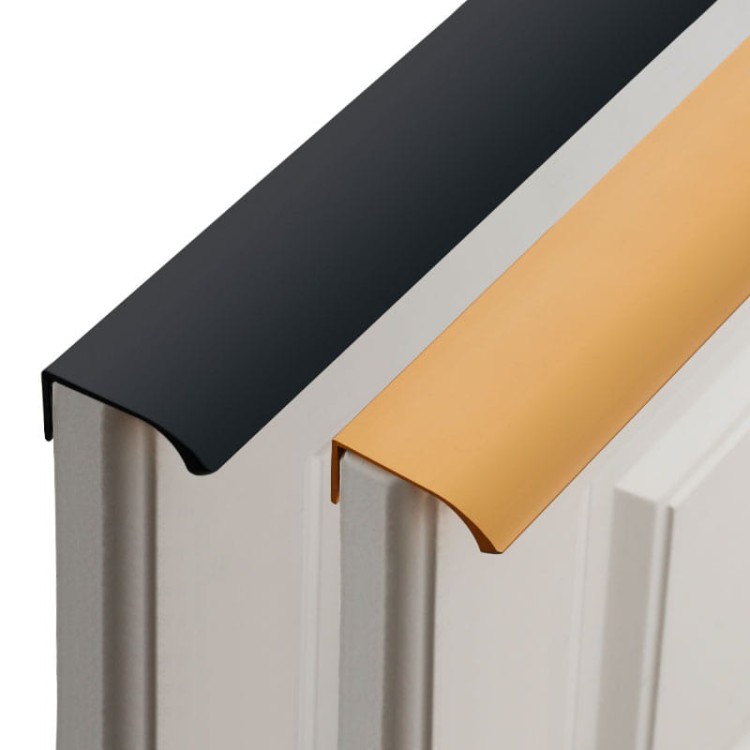 Uchwyt meblowy Isabel – krawędziowy aluminiowy uchwyt na górną krawędź frontu w kolorach czarny i szampański złoty, rozmiary 64–960 mm, sklep euchwyty.pl