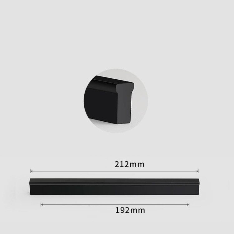 Minimalistyczny czarny uchwyt meblowy Jimba do szafek o rozstawie 192 mm ze stopką