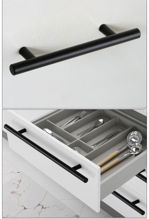 Möbelgriff Uno – T-Bar-Griff mit rundem Profil in Schwarz und gebürstetem Gold. Erhältlich als T-Bar-Knopf sowie in 96, 128, 160, 256, 512 und 850 mm – egriffe.at