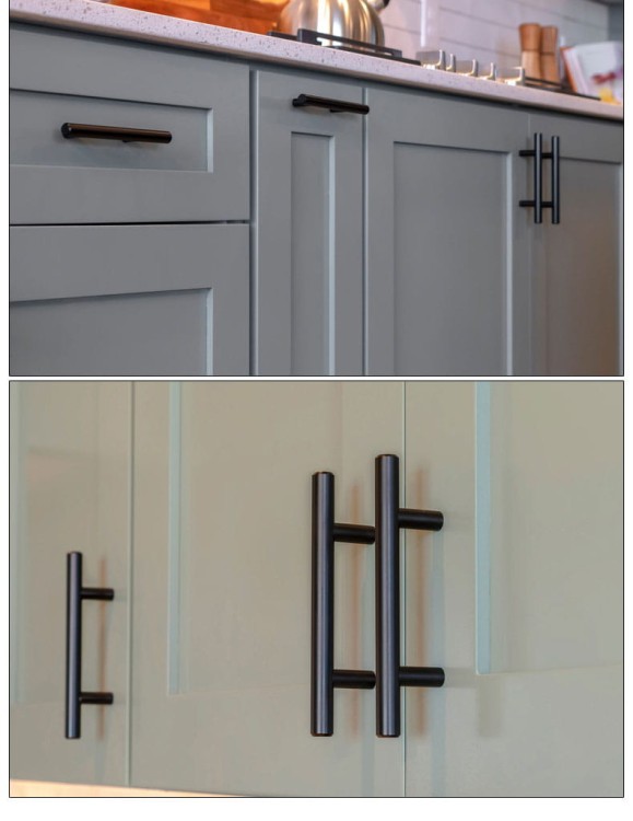 Möbelgriff Uno – T-Bar-Griff mit rundem Profil in Schwarz und gebürstetem Gold. Erhältlich als T-Bar-Knopf sowie in 96, 128, 160, 256, 512 und 850 mm – egriffe.at