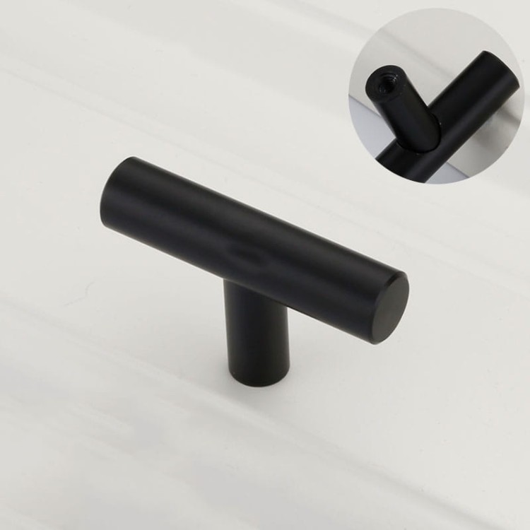 Möbelgriff Uno – T-Bar-Griff mit rundem Profil in Schwarz und gebürstetem Gold. Erhältlich als T-Bar-Knopf sowie in 96, 128, 160, 256, 512 und 850 mm – egriffe.at