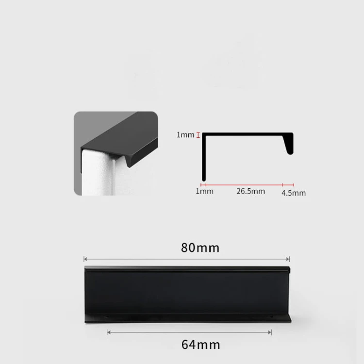 Komplet krawędziowych uchwytów meblowych z serii Dimas w profilu bocznym rozmiar otworów 64 mm