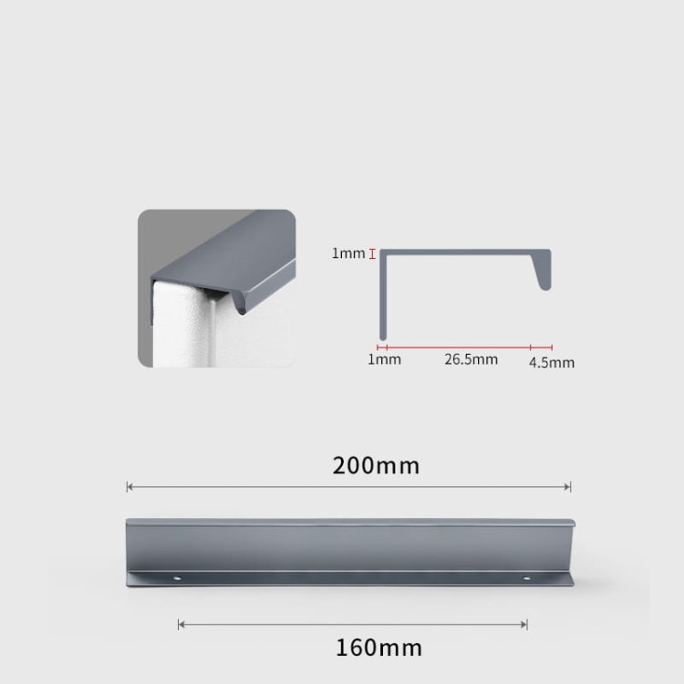 Szary uchwyt krawędziowy do szafek Dimas ujęty w profilu od góry 160 mm