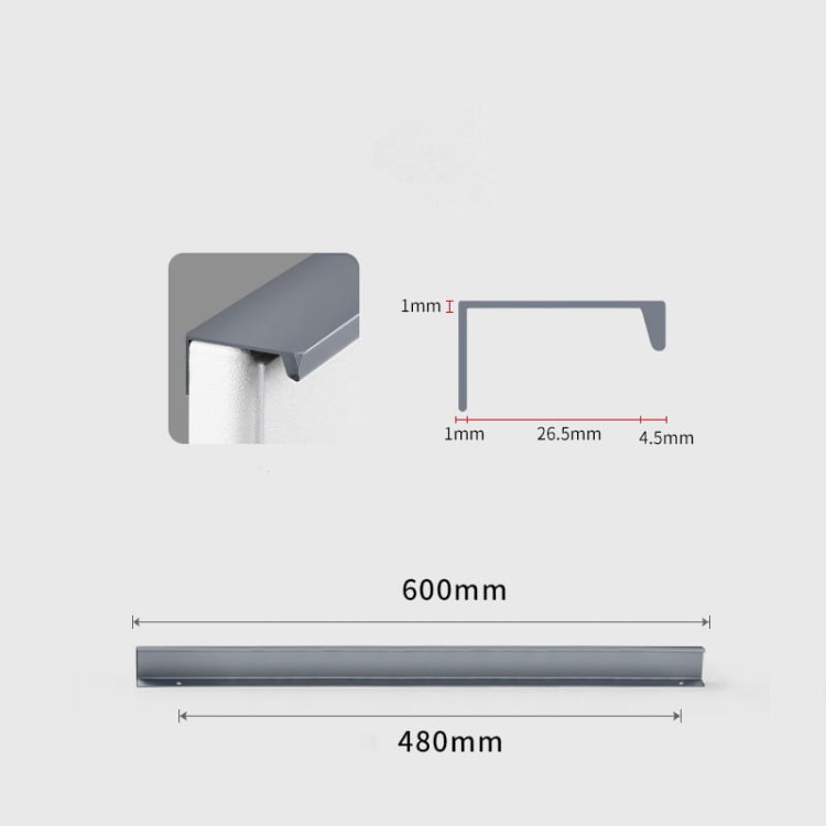 Podłużny szary uchwyt krawędziowy Dimas w matowym wykończeniu metalu rozstaw 480 mm