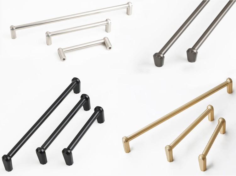 Möbelgriff Arriba – länglicher Aufsatzgriff für Schränke und Schubladen in Schwarz, gebürstetem Gold, gebürstetem Nickel und Perlgrau. Moderner Griff für Küchenmöbel, erhältlich im Shop egriffe.at.
