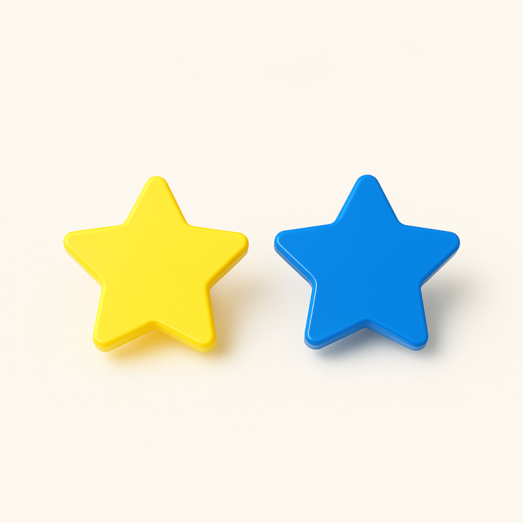 Kinder-Möbelgriff Star – gelber und blauer sternförmiger Möbelknopf für Schränke und Kommoden im Kinderzimmer, erhältlich im Shop egriffe.at