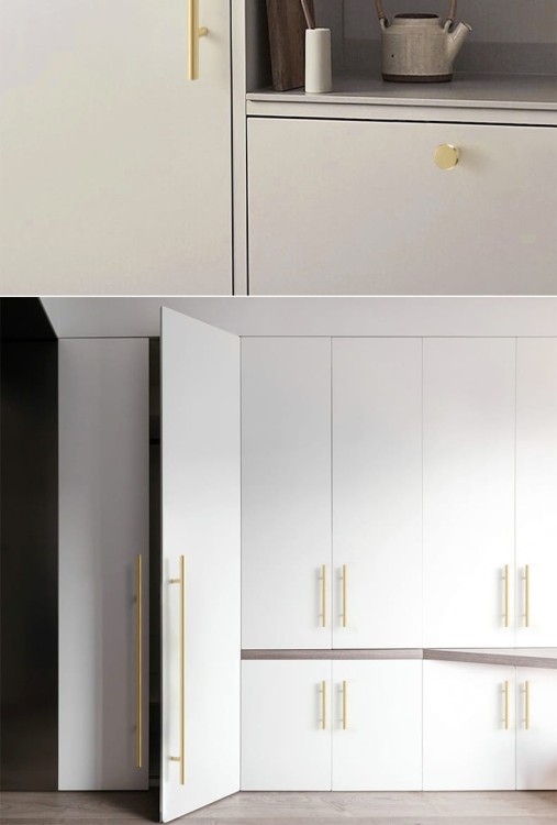 Möbelgriff Alma – schlichter zylindrischer T-Bar-Griff in Gold, Champagnergold oder Schwarz, passend für moderne und klassische Interieurs. Viele Größen für Kommoden, Schränke, Garderoben und Badmöbel.