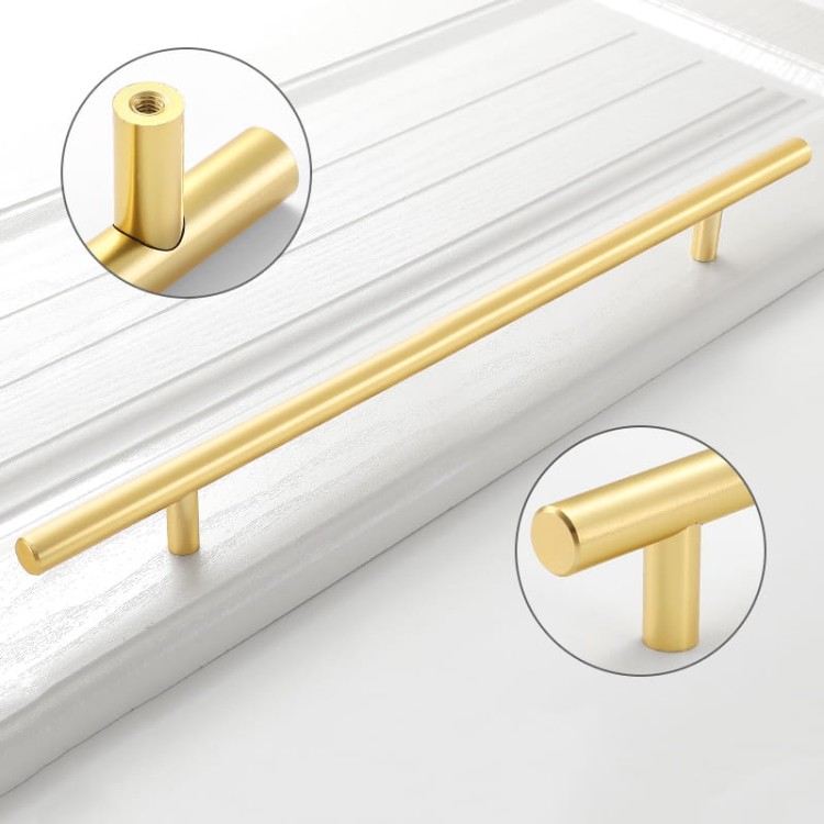 Möbelgriff Alma – schlichter zylindrischer T-Bar-Griff in Gold, Champagnergold oder Schwarz, passend für moderne und klassische Interieurs. Viele Größen für Kommoden, Schränke, Garderoben und Badmöbel.
