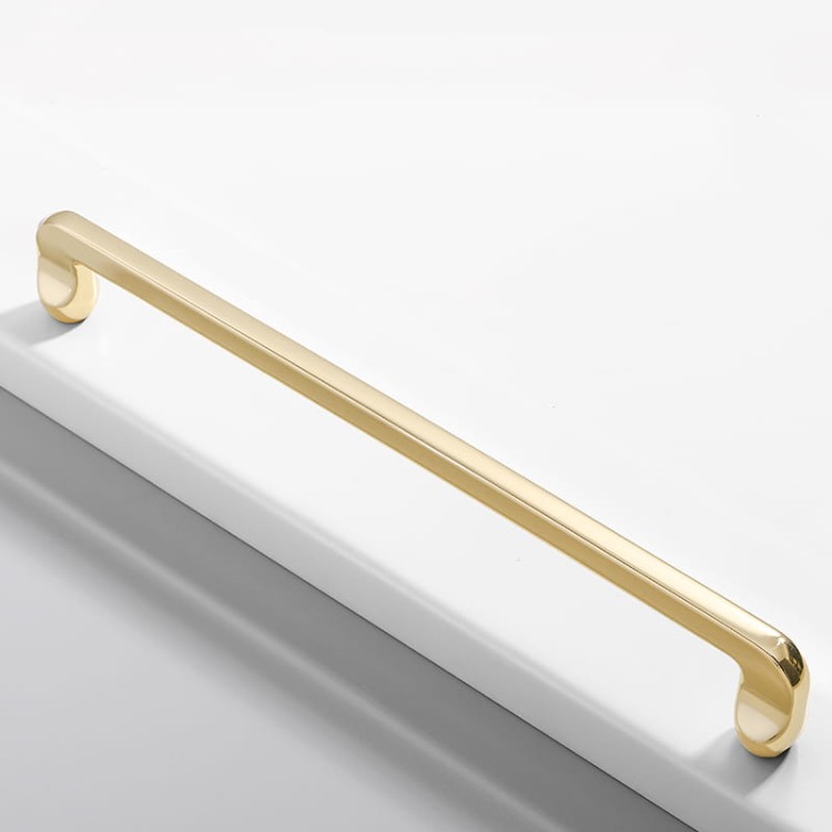 Möbelgriff Lina – universeller Griff in glänzendem Gold und Perlgrau, erhältlich in 128 und 192 mm. Standard-Lochabstand und mitgelieferte Schrauben sorgen für schnelle Montage an Schubladen, Fronten und Türen.