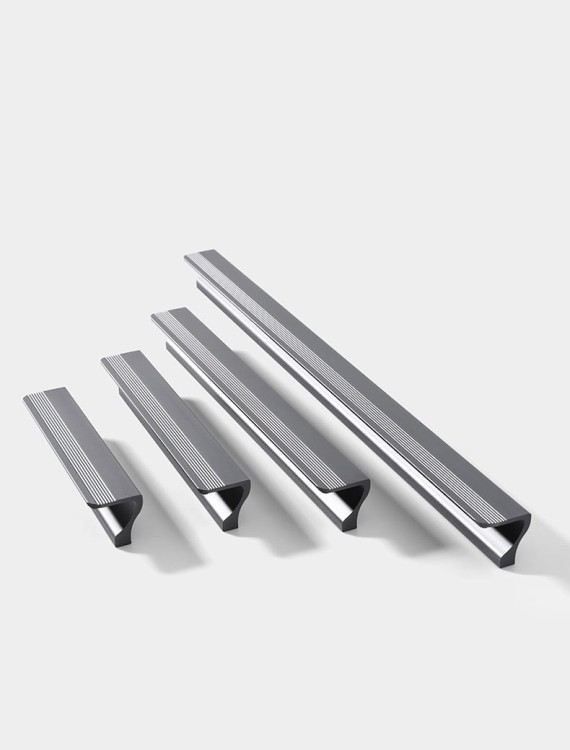 Zestaw szarych aluminiowych uchwytów meblowych Morro o profilowanej rączce