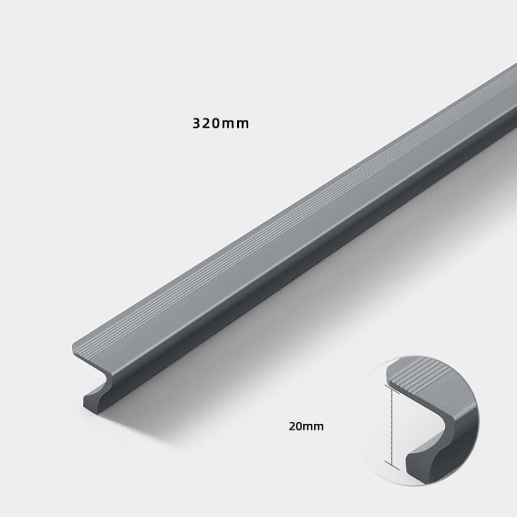 Długi szary aluminiowy uchwyt do mebli Morro z rysunkiem technicznym, rozstaw 320 mm