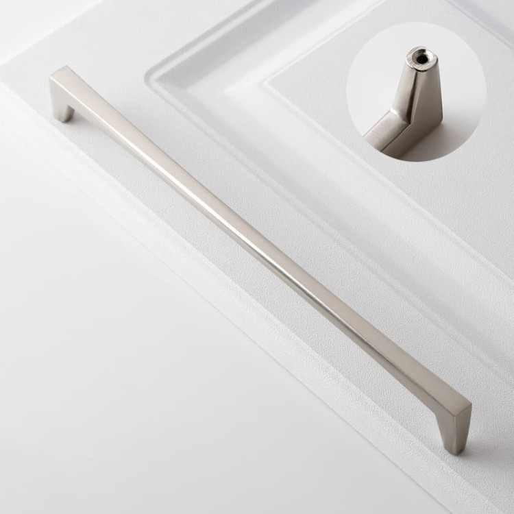 Uchwyt meblowy Mela – nowoczesny, klasyczny, minimalistyczny uchwyt w kolorach: czarnym, złotym szczotkowanym, nikiel szczotkowany, szary perłowy; rozmiary 128–256 mm, idealny do mebli kuchennych, łazienkowych, garderoby i komód.
