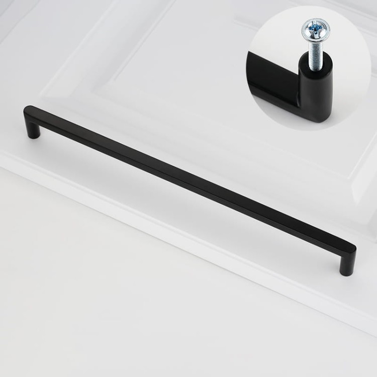 Uchwyt meblowy Vega – nowoczesny, minimalistyczny uchwyt w kolorach: czarnym, złotym szczotkowanym, nikiel szczotkowany i szary perłowy, w rozmiarach 128–256 mm, idealny do kuchni, komód, szaf, garderoby i łazienki.