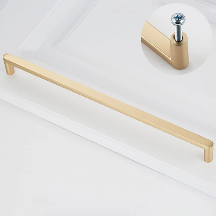 Długi złoty szczotkowany uchwyt do mebli Vega, rozstaw 256 mm do pojemnych frontów